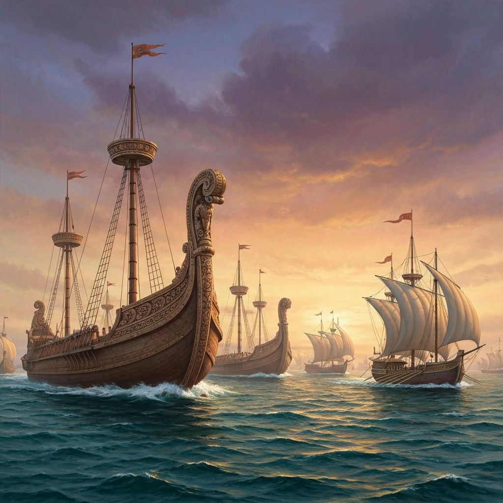Chola naval fleet sailing across the Bay of Bengal