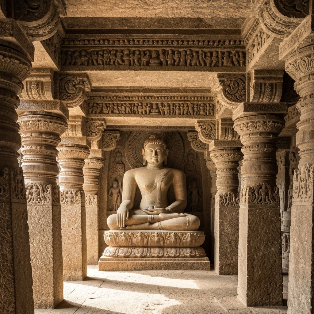 Interior of a Buddhist cave at Ellora with carved Buddha statue