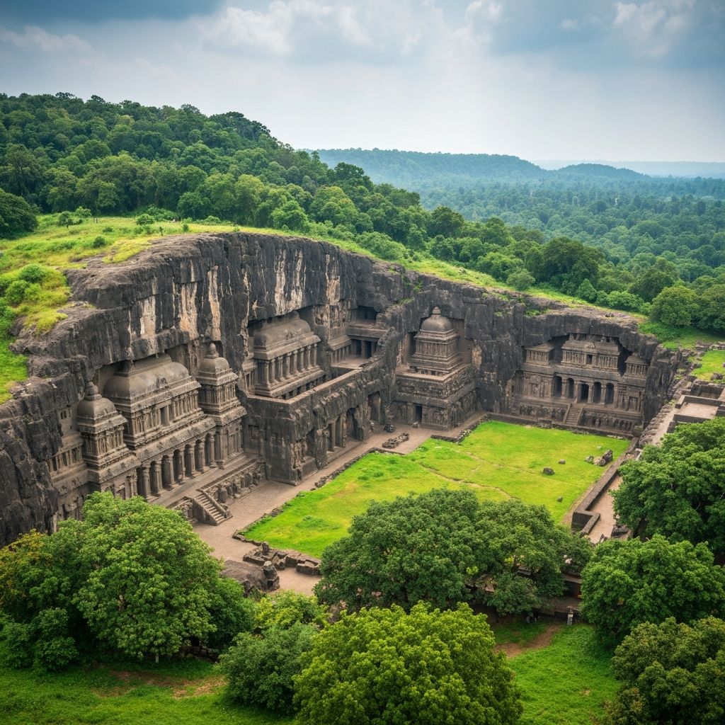 Panoramic view of Ellora Caves complex carved into the Charanandri hills